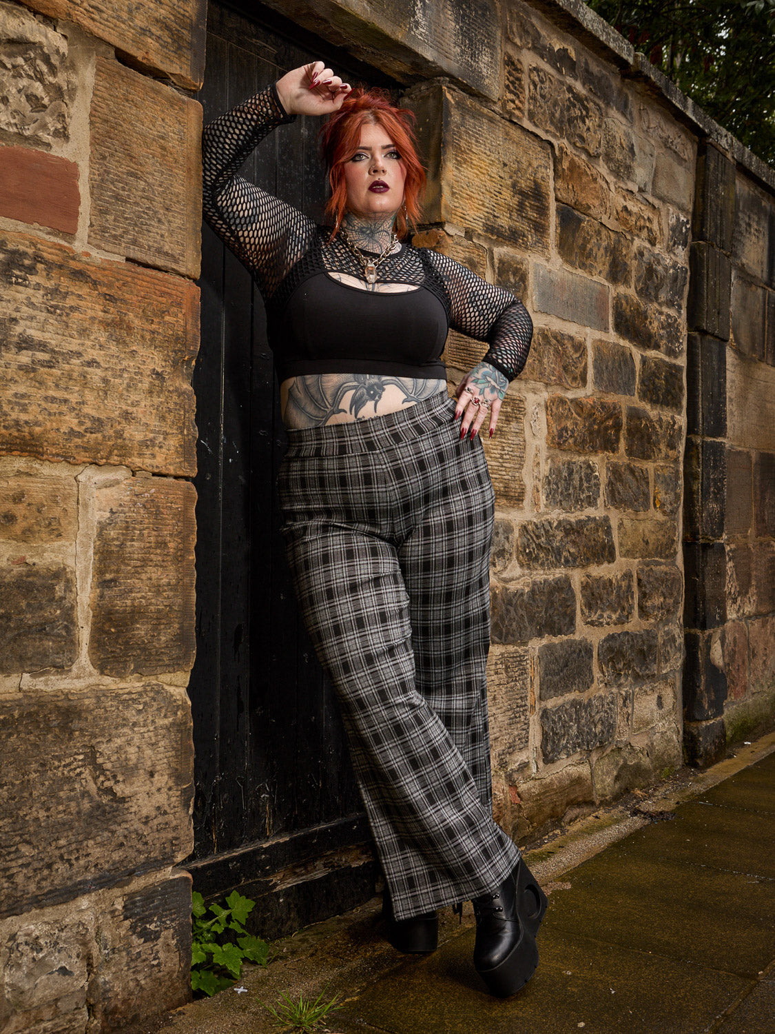 Plaid Wide-Leg Trousers - Black & Grey