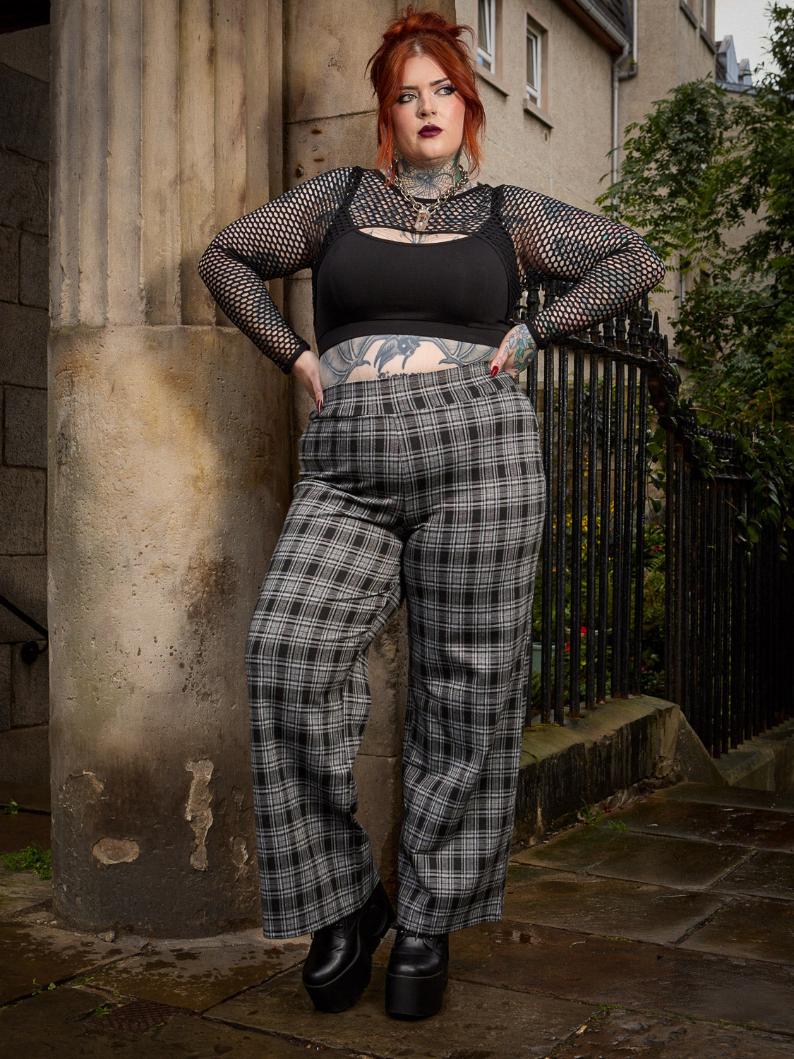 Plaid Wide-Leg Trousers - Black & Grey