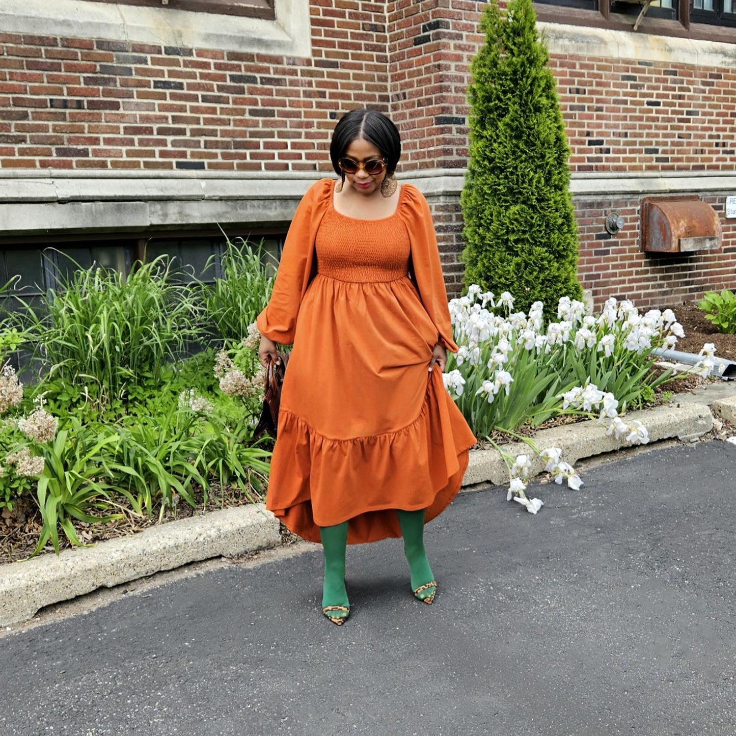 Long Sleeved Shirred Midi Dress - Toffee Apple