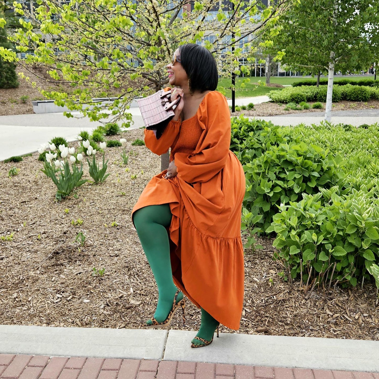 Long Sleeved Shirred Midi Dress - Toffee Apple