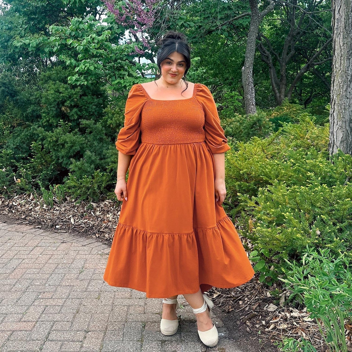 Long Sleeved Shirred Midi Dress - Toffee Apple