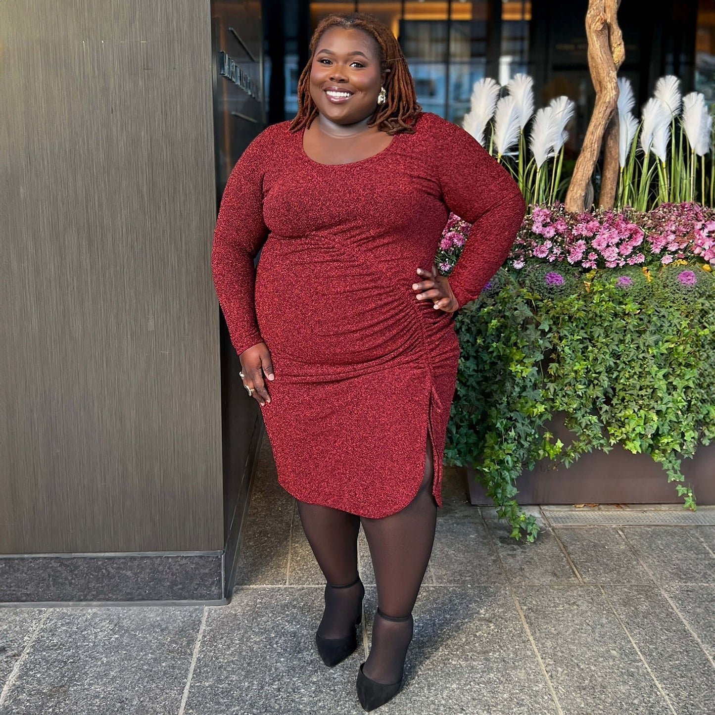 Lurex Long Sleeve Dress - Bordeaux