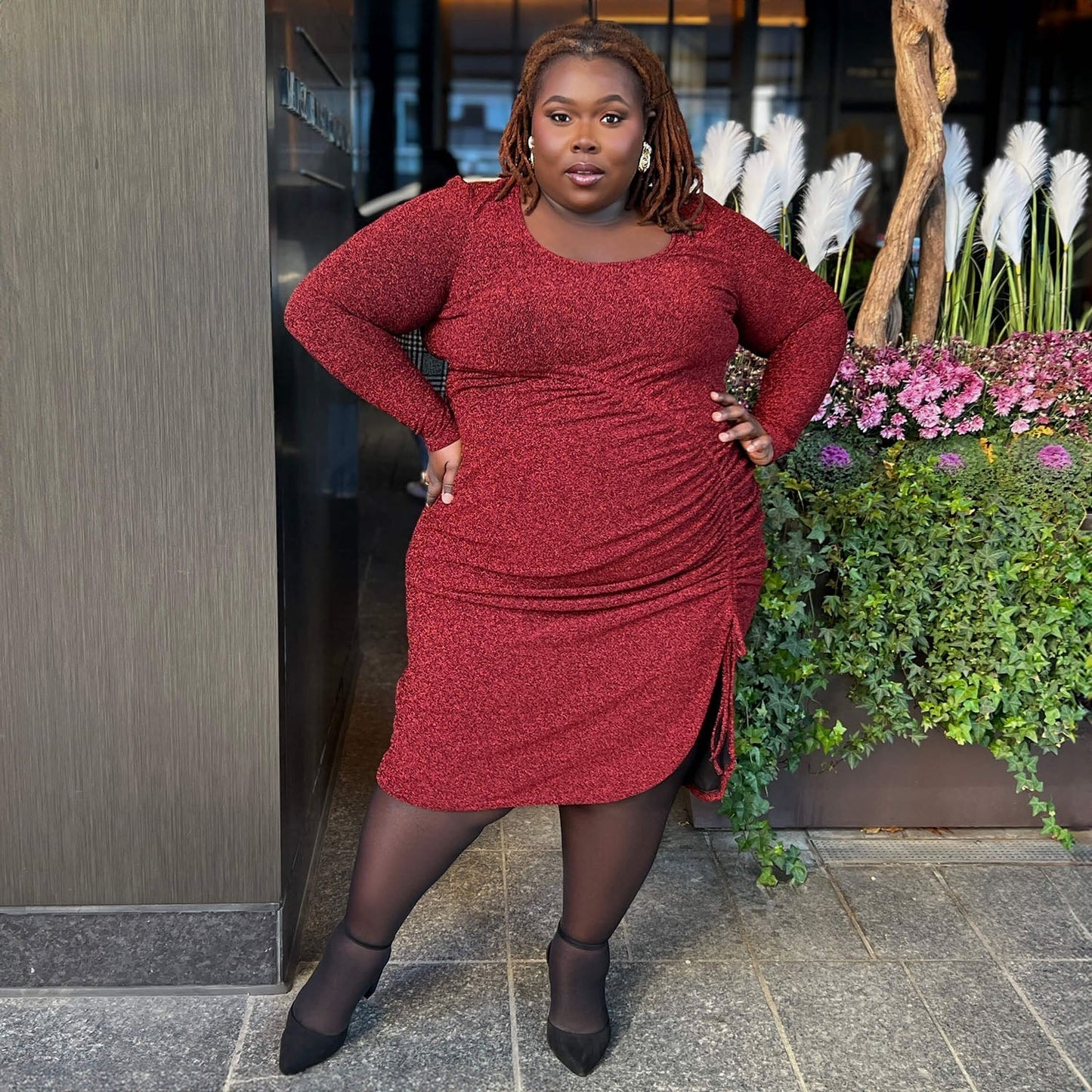 Lurex Long Sleeve Dress - Bordeaux