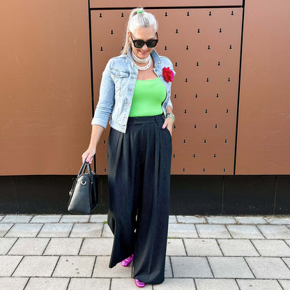 Wide Leg Pinstripe Tailored Trousers - Black