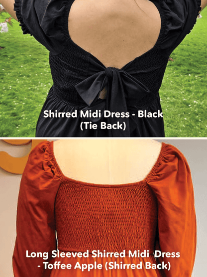 Long Sleeved Shirred Midi Dress - Toffee Apple